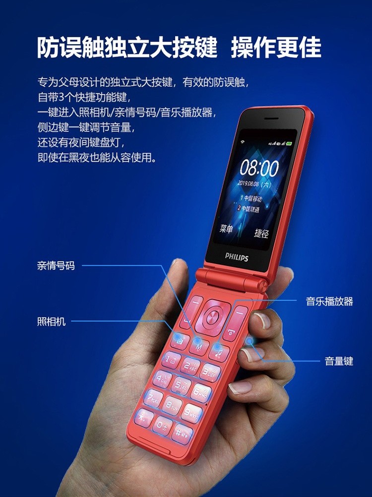 飞利浦e515全网通4g翻盖双屏老年手机双卡男女移动联通电信老年机