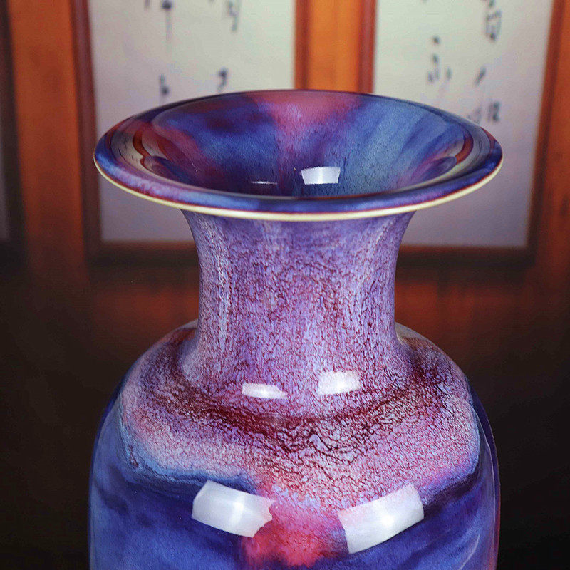 钧瓷大号花瓶孔家钧窑摆件家居客厅玄关落地蓝色花瓶