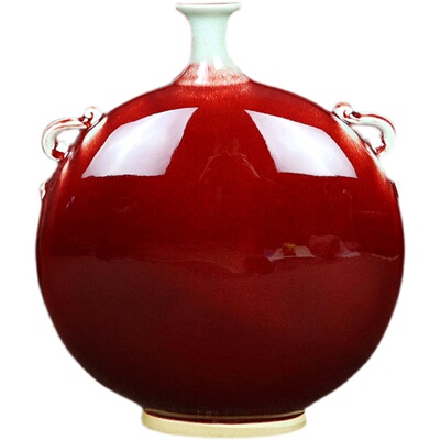 禹州神后钧瓷温家钧窑鸡血红小口扁瓶家居中式卧室陶瓷器摆件圆满