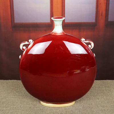 禹州神后钧瓷温家钧窑鸡血红小口扁瓶家居中式卧室陶瓷器摆件圆满