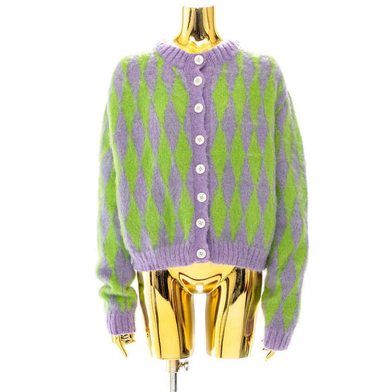 李智恩菱形针织加厚马海毛毛衣复古格子紫色同款毛针织衫