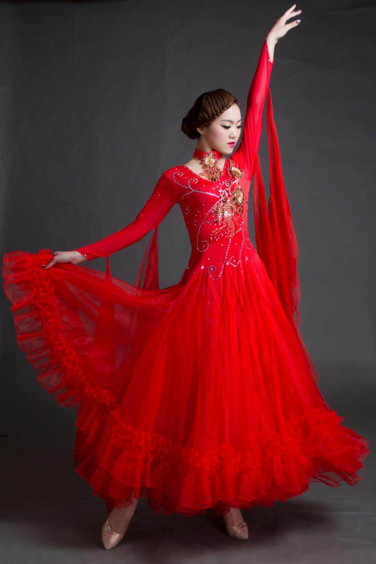 高档摩登舞裙新款镶钻国标交谊舞连衣裙华尔兹大摆摩登舞套装含演出服
