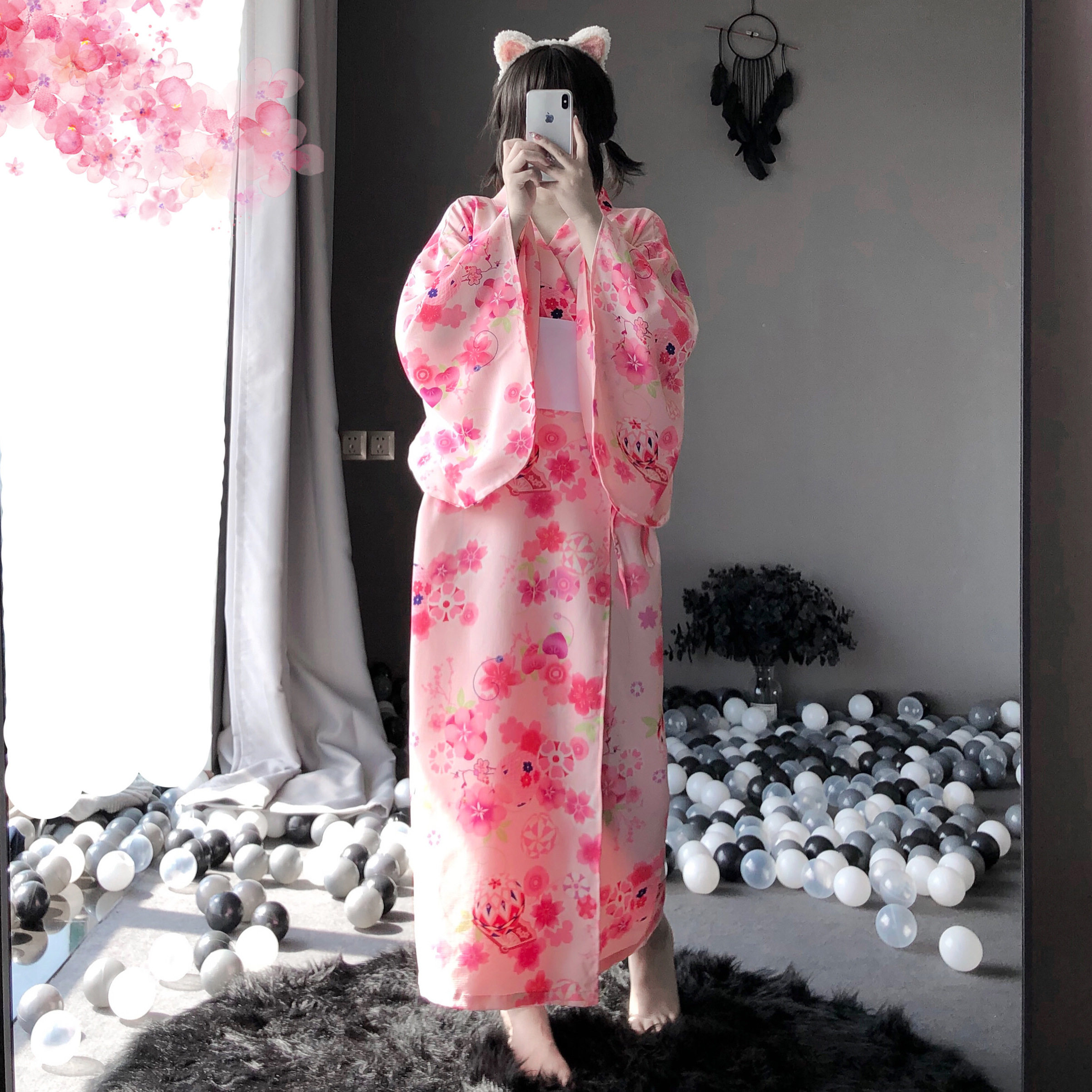 日式温泉浴袍樱花改良开衫和服可爱睡裙