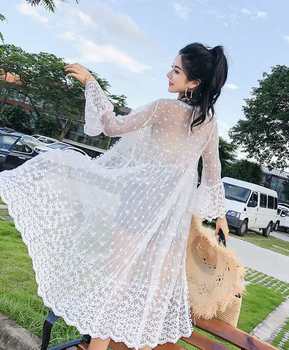 Summer shawl sun protection clothes for women with trumpet three-quarter sleeves mid-length cardigan for students Korean style loose lace mesh jacket