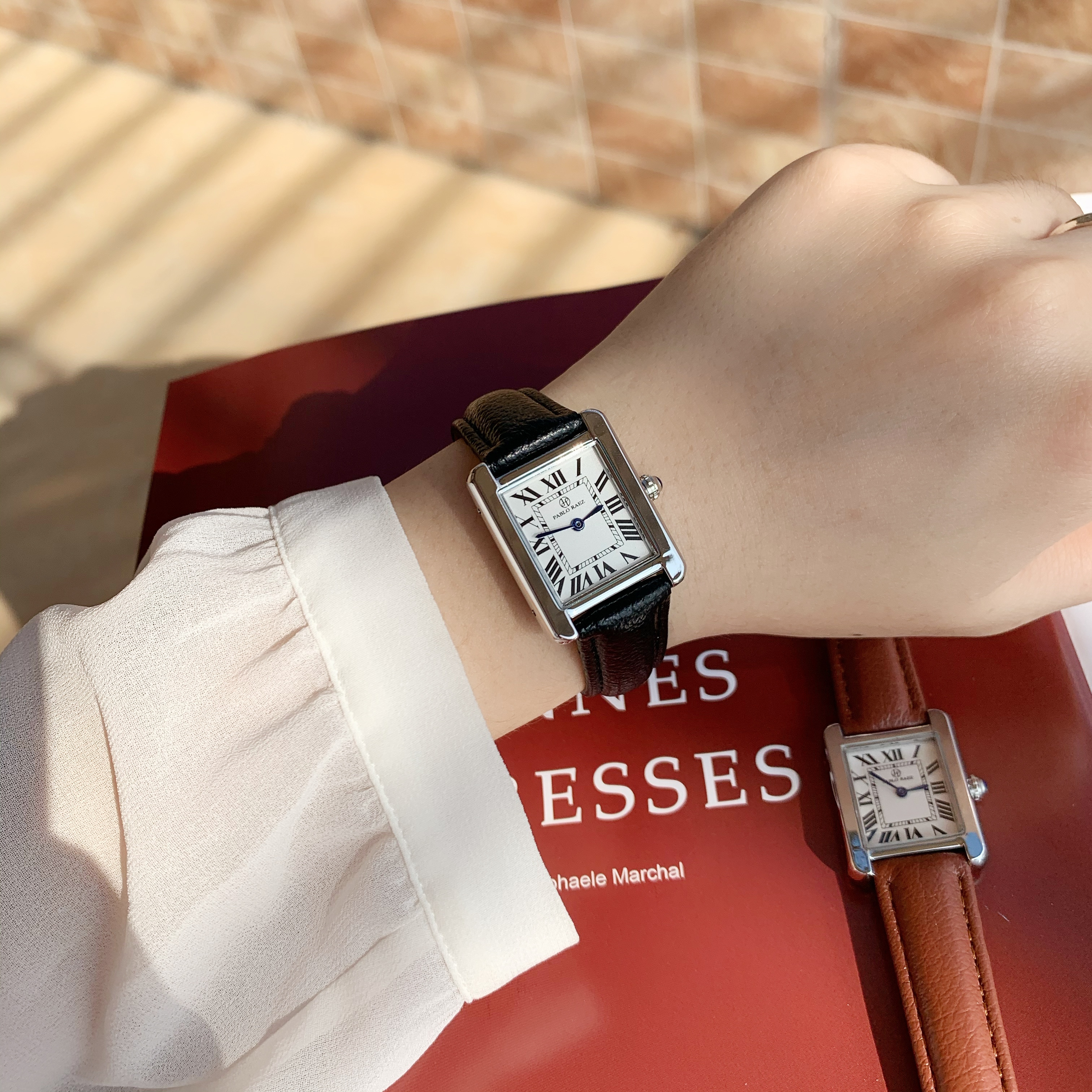 网红复古INS风女表超薄小表盘方形盘荔枝纹皮黑色棕色入石英包邮