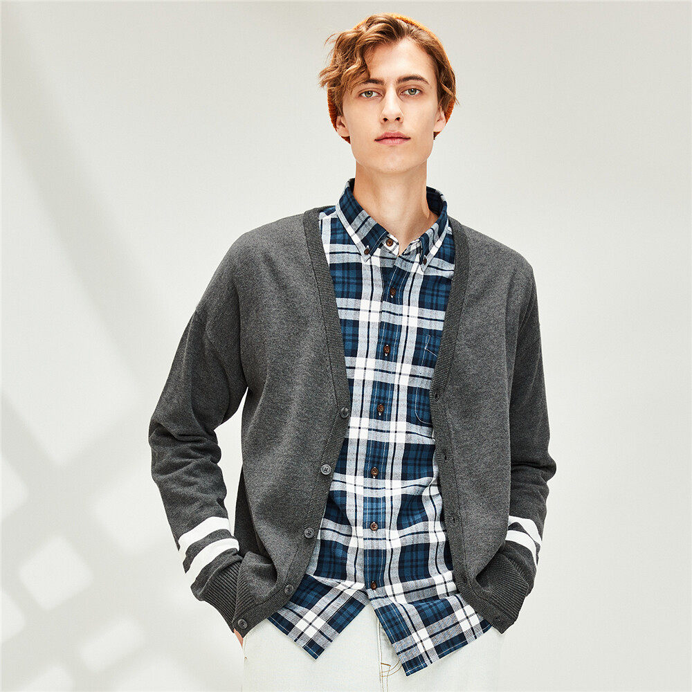 佐丹奴宽松针织开衫男装精梳纯棉休闲拼色毛衣针织衫