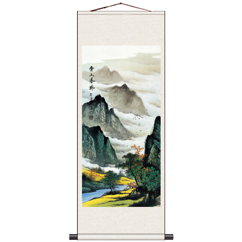 风水挂画丝绸名家字画书房卷轴壁画春山飞瀑国画