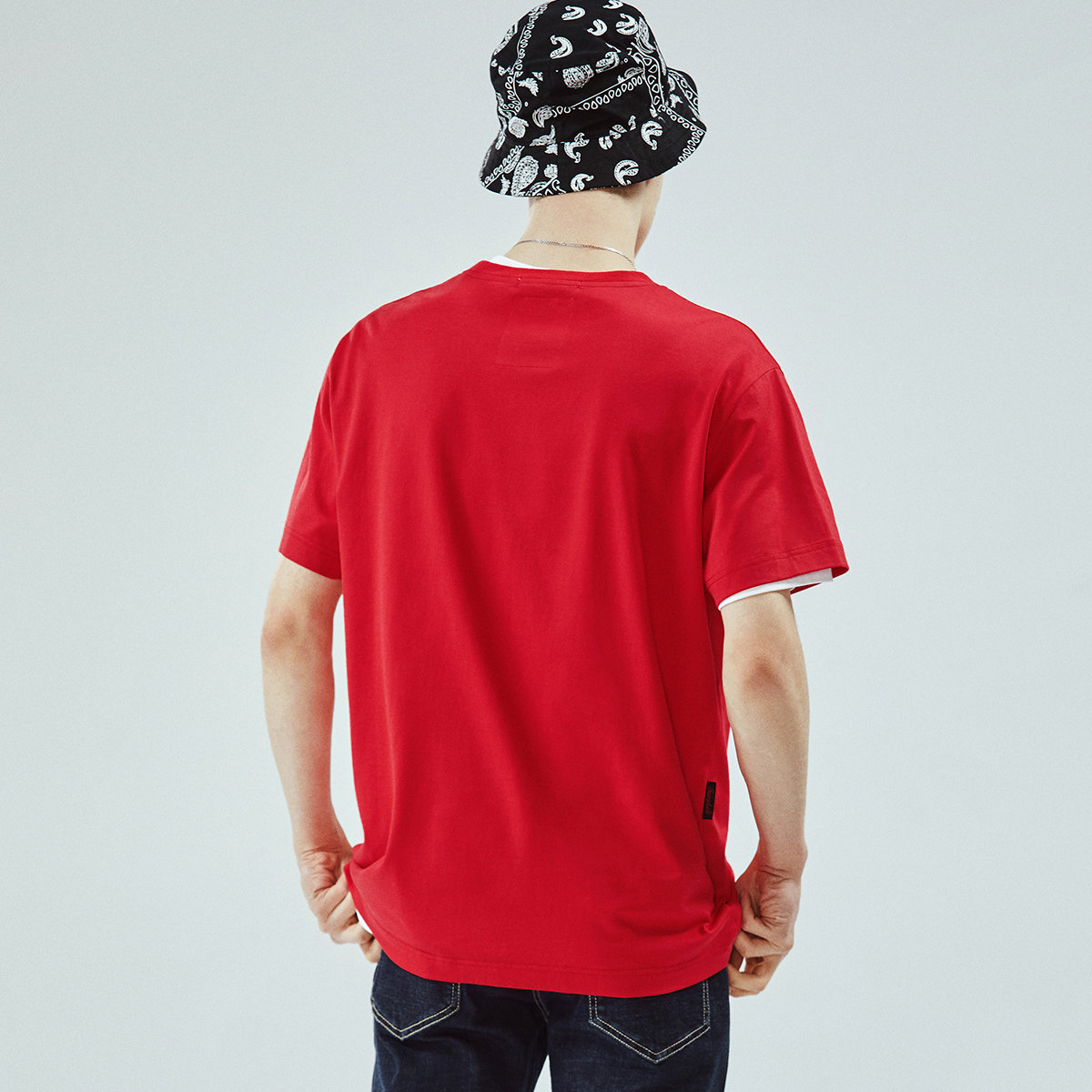 商场同款马克华菲短袖t恤男装2019春季新款立体印花红色上衣