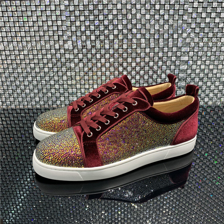 cl2021年低帮白男鞋情侣红底鞋冰蓝水钻铆钉板鞋单鞋