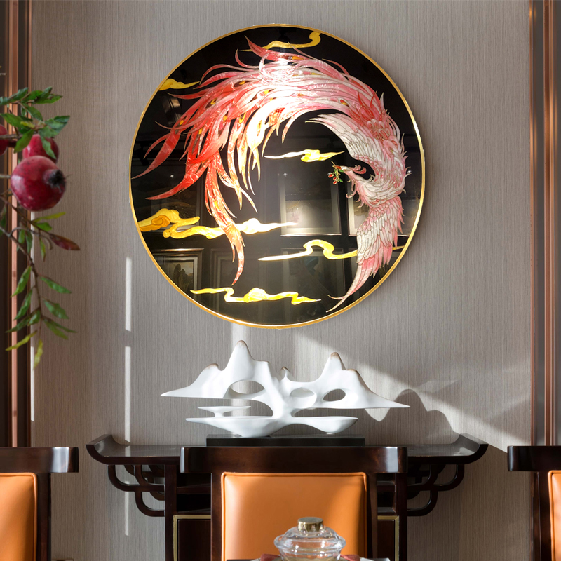 手工中式凤凰抽象玄关背景墙沙发珐琅新中式轻奢现代装饰画
