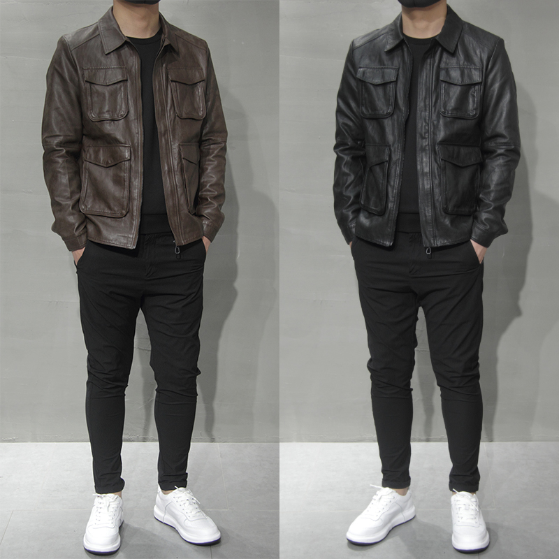 2022秋季新款皮夹克男多口袋上衣外套韩版修身休闲翻领PU机车皮衣