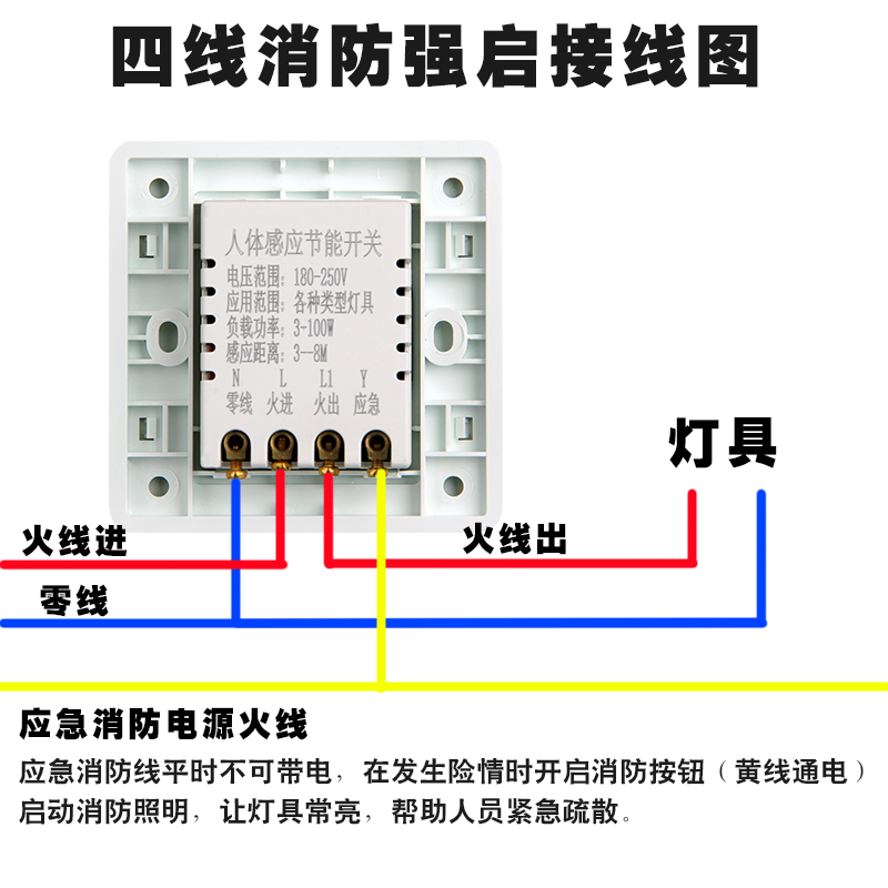 感应开关 楼道86型4线大功率带强启应急消防延时红外人体感应开关