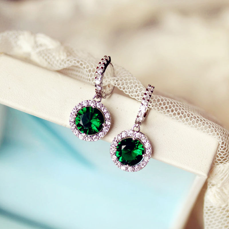 祖母绿耳环耳钉复古绿宝石耳坠水晶绿色锆石韩国耳环