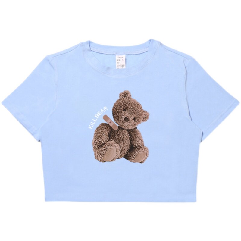 billkong夏天原宿可爱小熊印花图案露脐短袖姐妹t恤