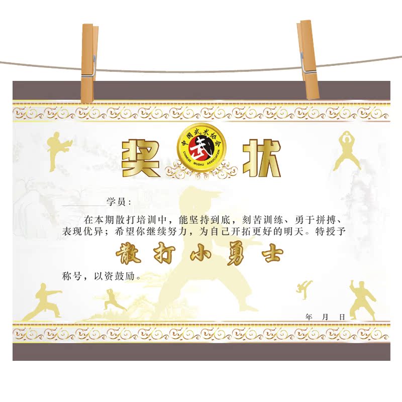 现货散打小勇士创意奖状武术馆培训学校专用a4荣誉
