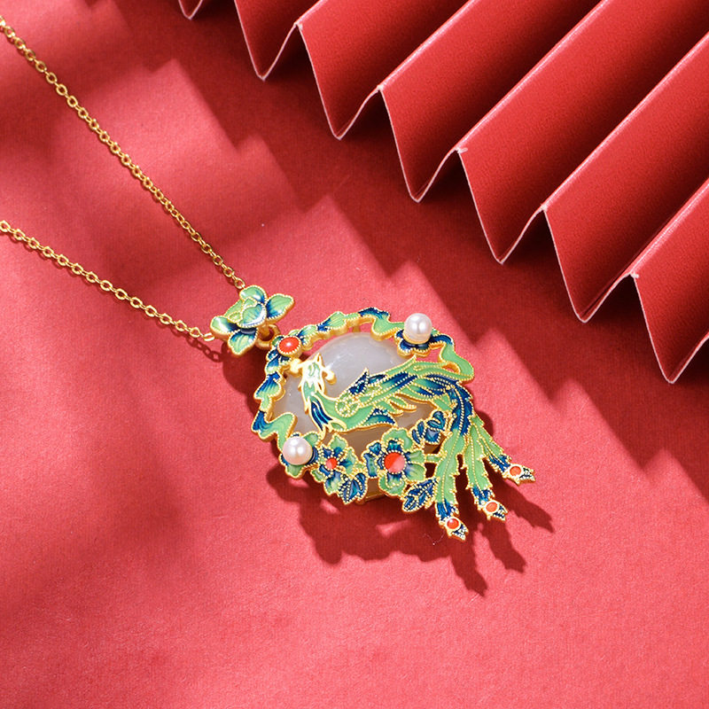 拾梦新款s925银镶天然和田吊坠凤凰涅磐项链女国项链