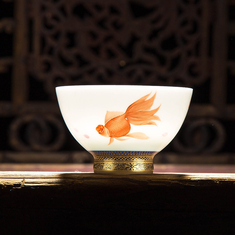 茶具景德镇陶瓷品茗金功夫小茶杯手绘金鱼主人茶杯
