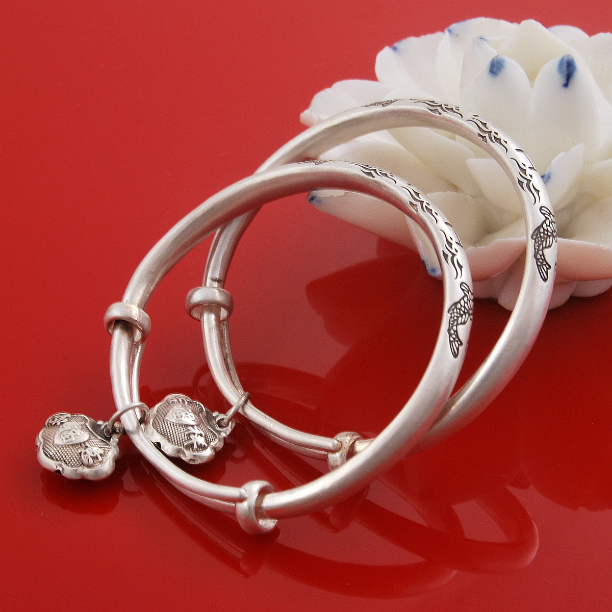 鱼跃龙门实心足银儿童手镯宝宝小孩满月礼物纯银手镯