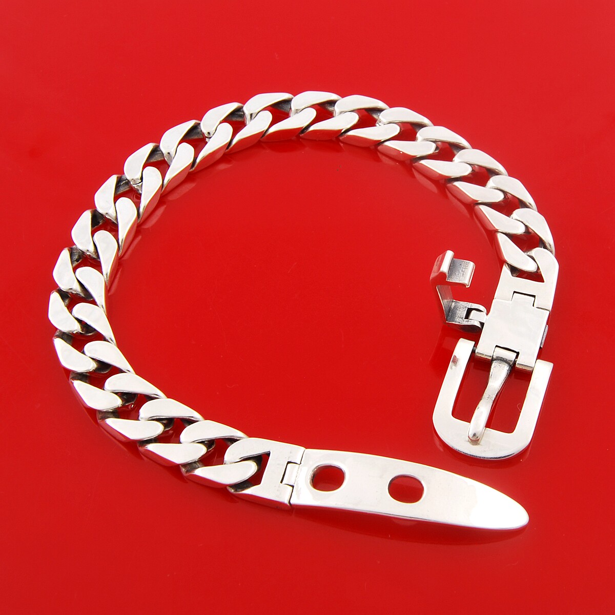 可调长度加厚实心纯银活扣手链扁链马鞭链酷男手链