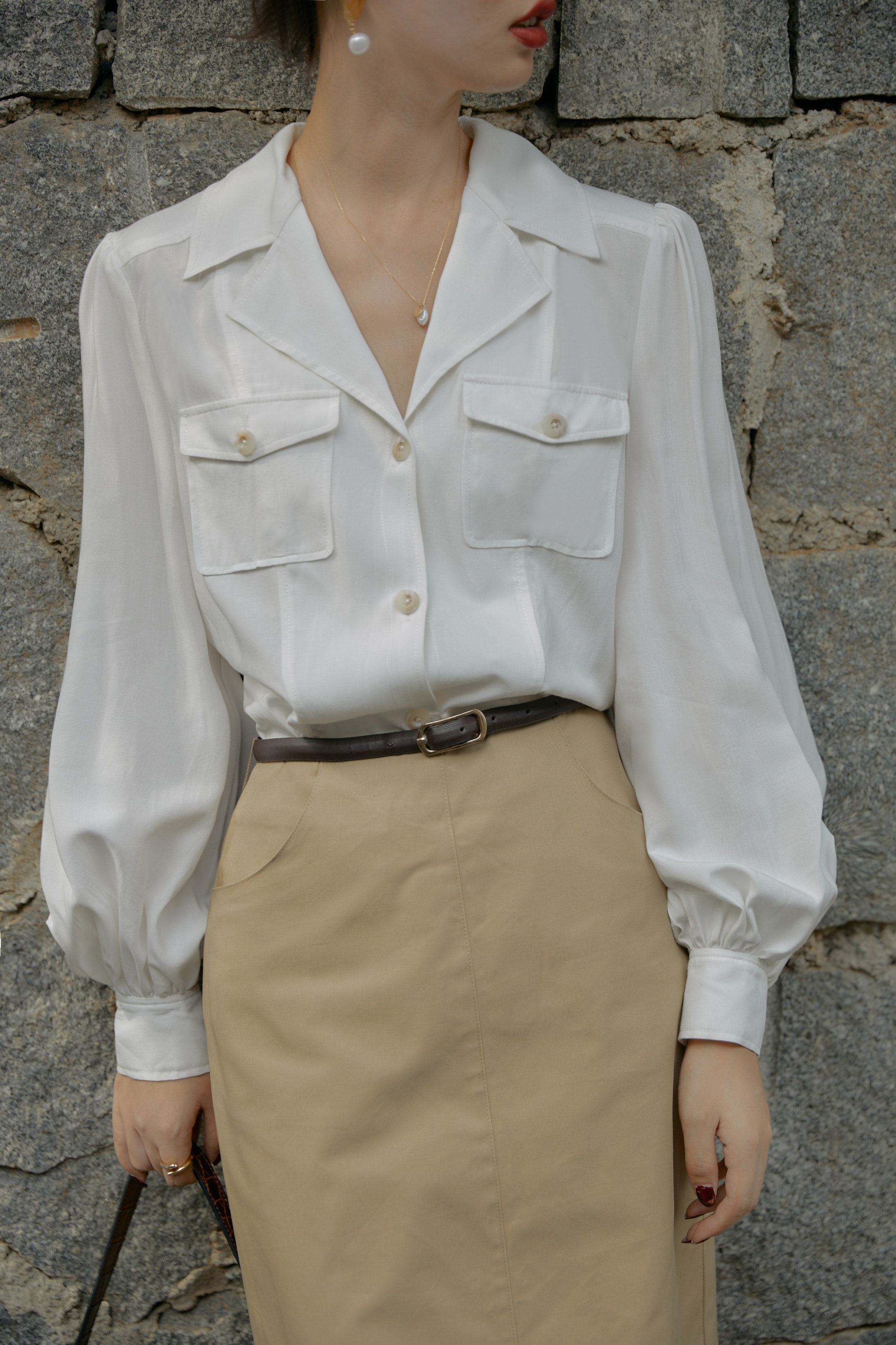 gojo法式复古西装翻领衬衫白色长袖衬衣设计衬衫