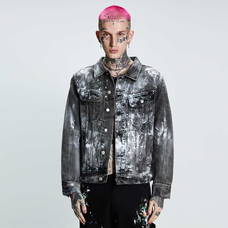 saintlouis手工做旧泼墨刷漆外套后背字母logo夹克