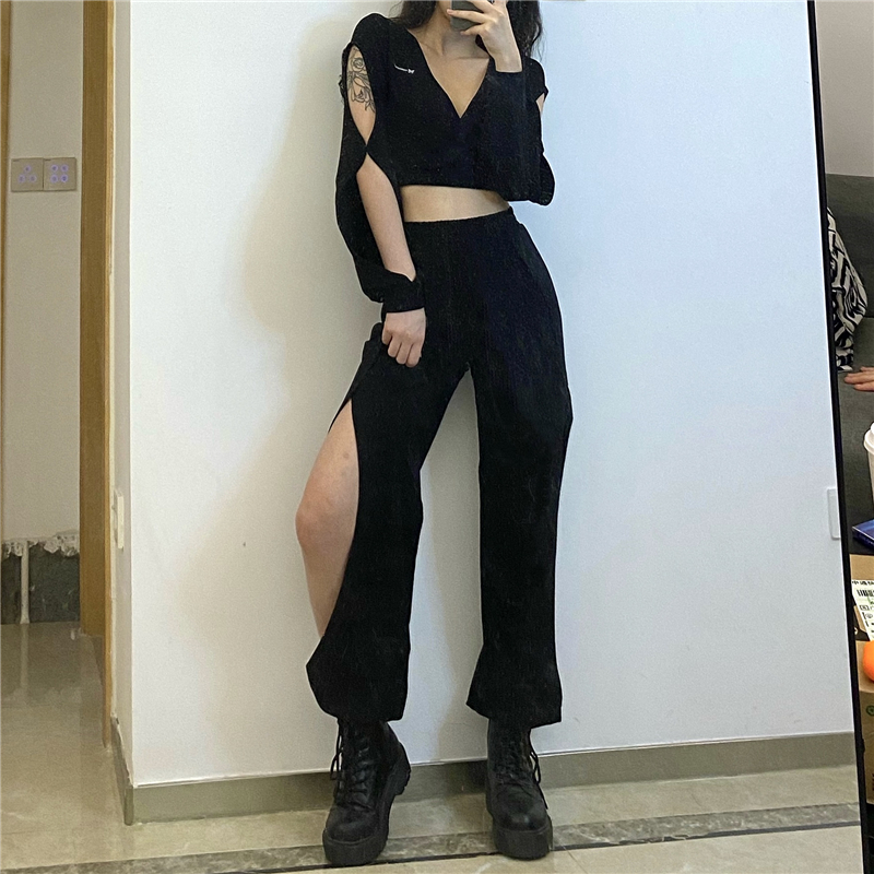 gagaopt 新款侧边开叉黑色遮裆休闲裤女松紧高腰个性舞蹈收脚裤秋