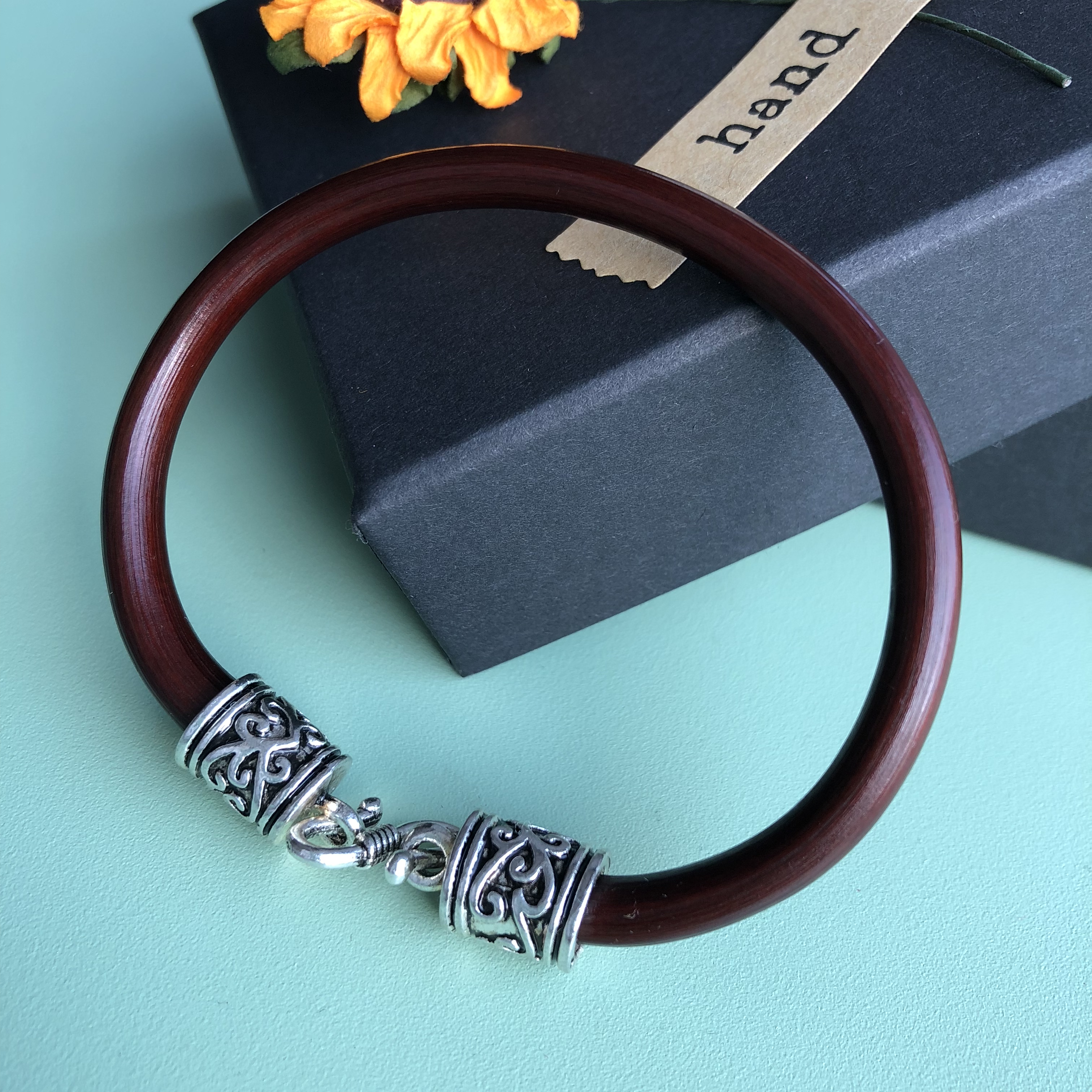 西藏纯天然鸡血藤手镯女男款野生藏银头情侣手镯无节木手镯包银