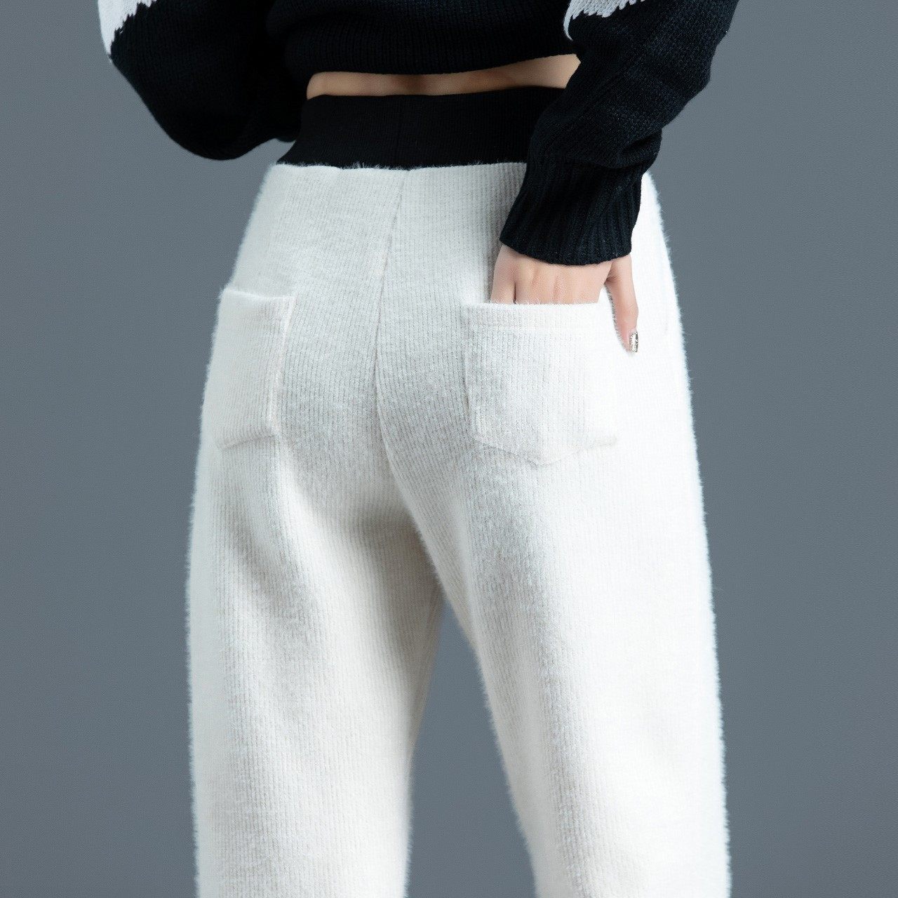 白色水貂绒裤子女秋冬宽松休闲萝卜毛线哈伦礼品袋