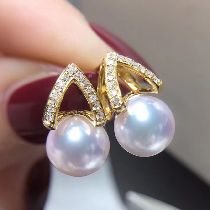 定制款89mm18k金钻石akoya樱花粉海水珍珠耳饰惊喜礼物y042