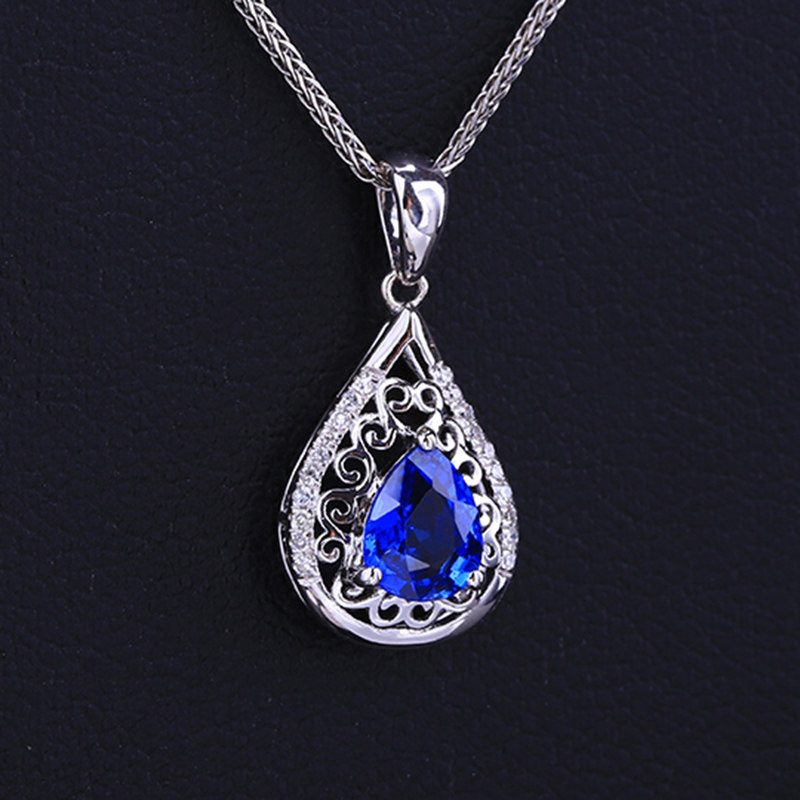 典雅宫廷风 水滴形蓝宝石吊坠 18k白金镶钻石 善合珠宝定制