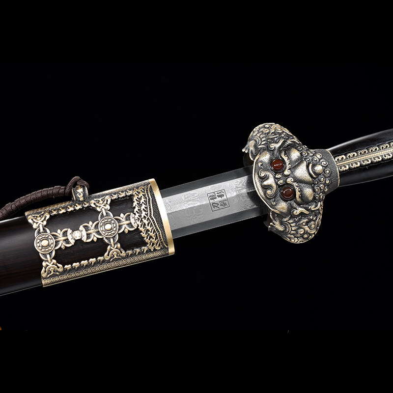 永乐剑花花纹钢黑檀木剑鞘黄铜装具龙泉龙影刀剑