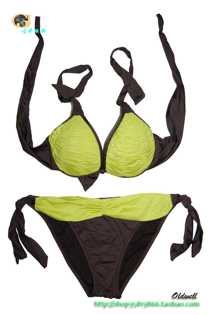 原单温泉bikini聚拢钢圈海边拼色泳衣钢托大胸比基尼
