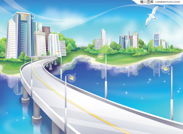 梦幻城市建筑ai矢量素材高楼大厦桥梁建筑物高架桥设计素材