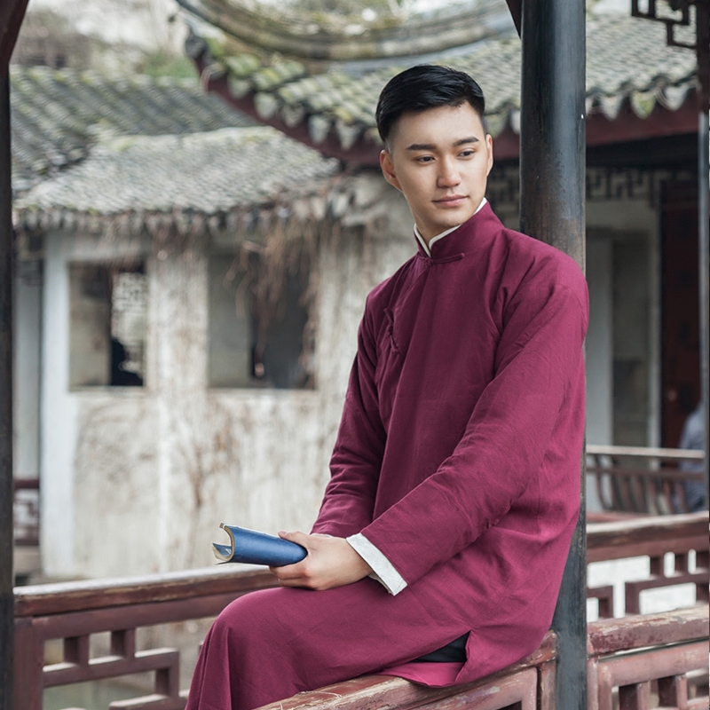 珂卡新款影视民国古装男士深红棉麻长衫中式民族服装