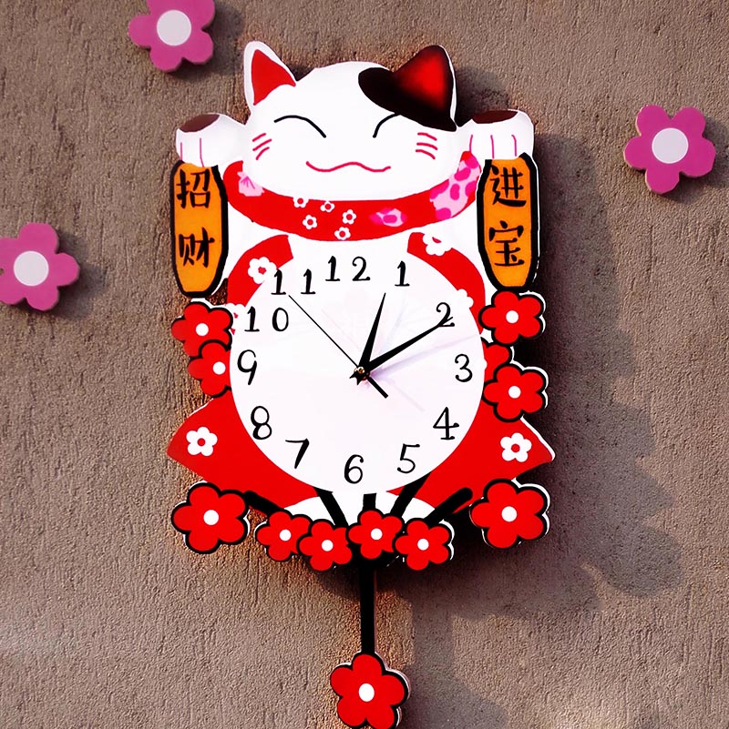 招财猫挂钟时钟餐厅饭店创意网吧过道挂饰墙面墙上室内装饰钟表