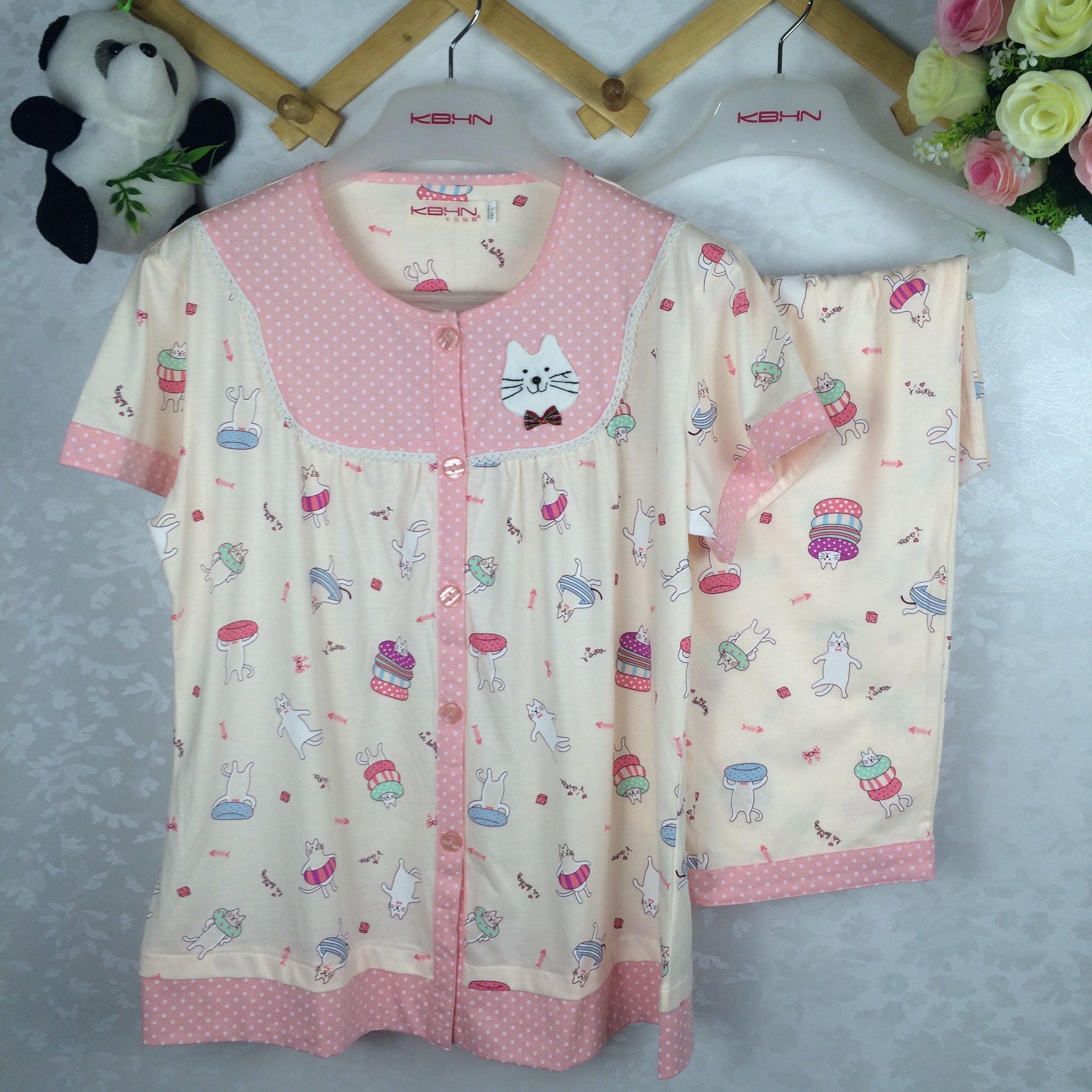 清仓卡贝仙奴正品女士圆领长裤半袖短袖卡通纯棉睡衣休闲家居服套