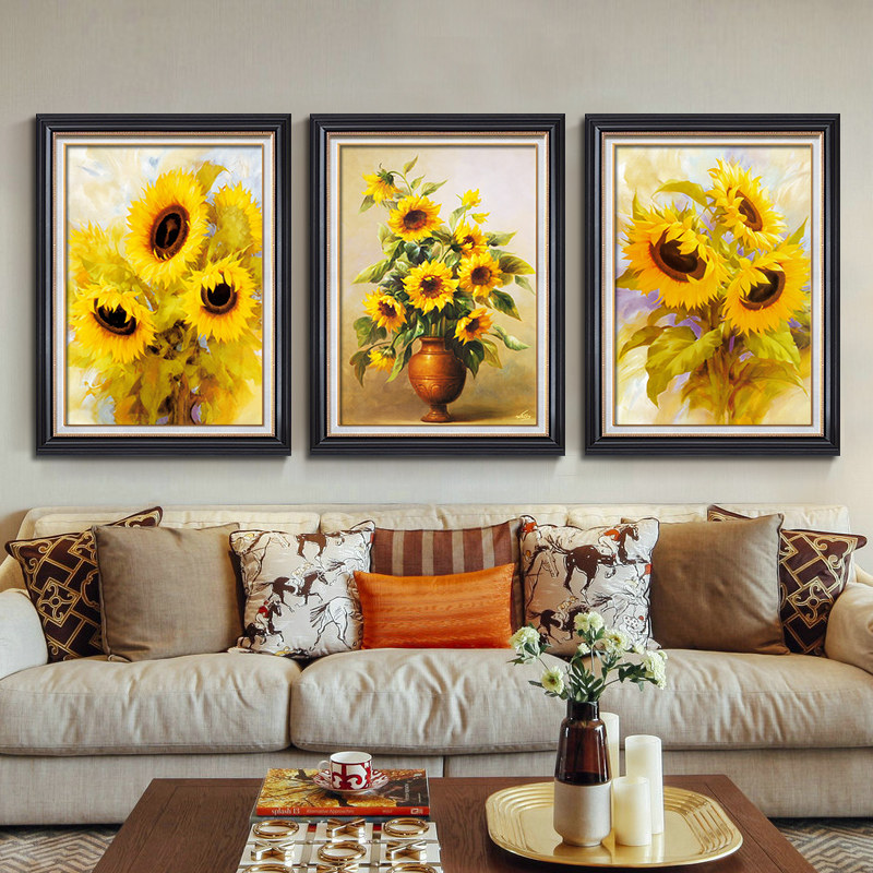 向日葵装饰画太阳花壁画欧式挂画美式油画客厅背景墙装饰画三联画