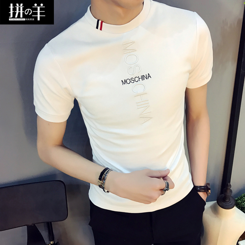 2022夏季新款潮牌刺绣短袖t恤男士韩版休闲半袖体恤男生修身上衣