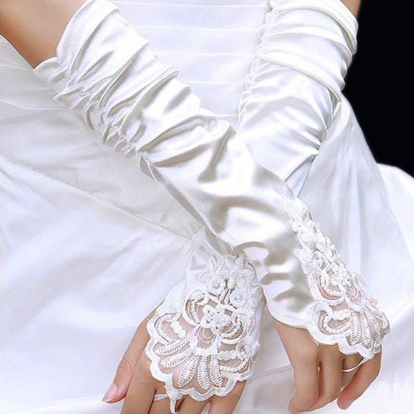 手套新娘婚纱缎面长款露指新款白色手套