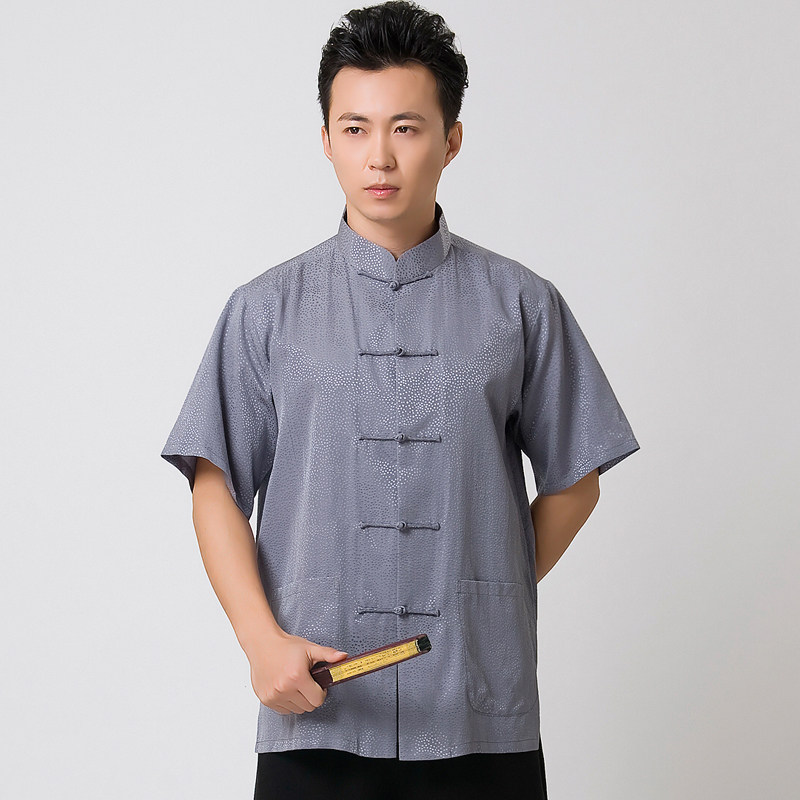 夏季真丝波点短袖上衣唐装中式立领中国国风唐装