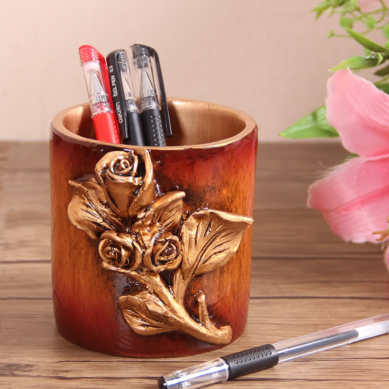 笔筒欧式复古创意木质办公室摆件学生个性小清新笔筒