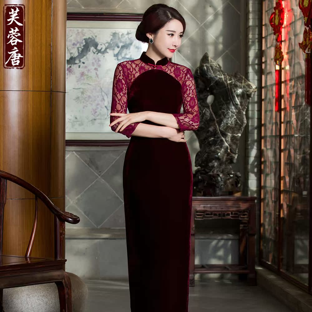 优雅奢华高贵名媛蕾丝拼接接长礼服金丝绒旗袍旗袍