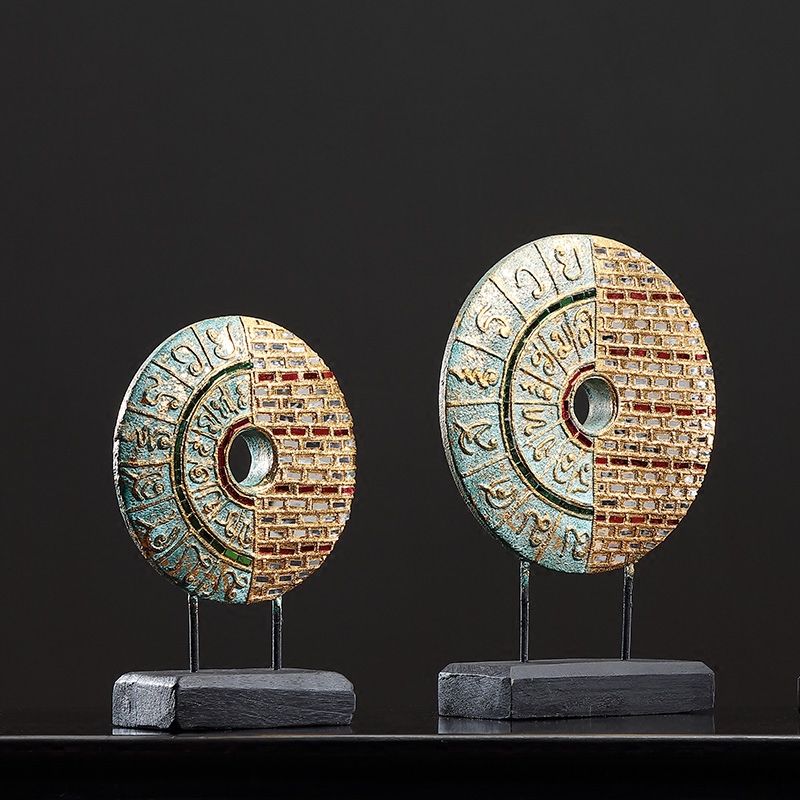 泰域东南亚风格木雕圆形工艺品套装泰式spa玄关摆件