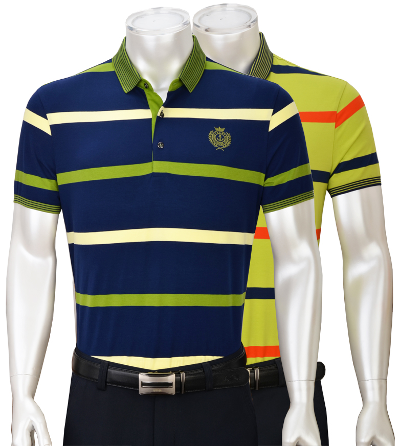 男装老爷车男士中年短袖时尚休闲条纹商务丝光常规t恤