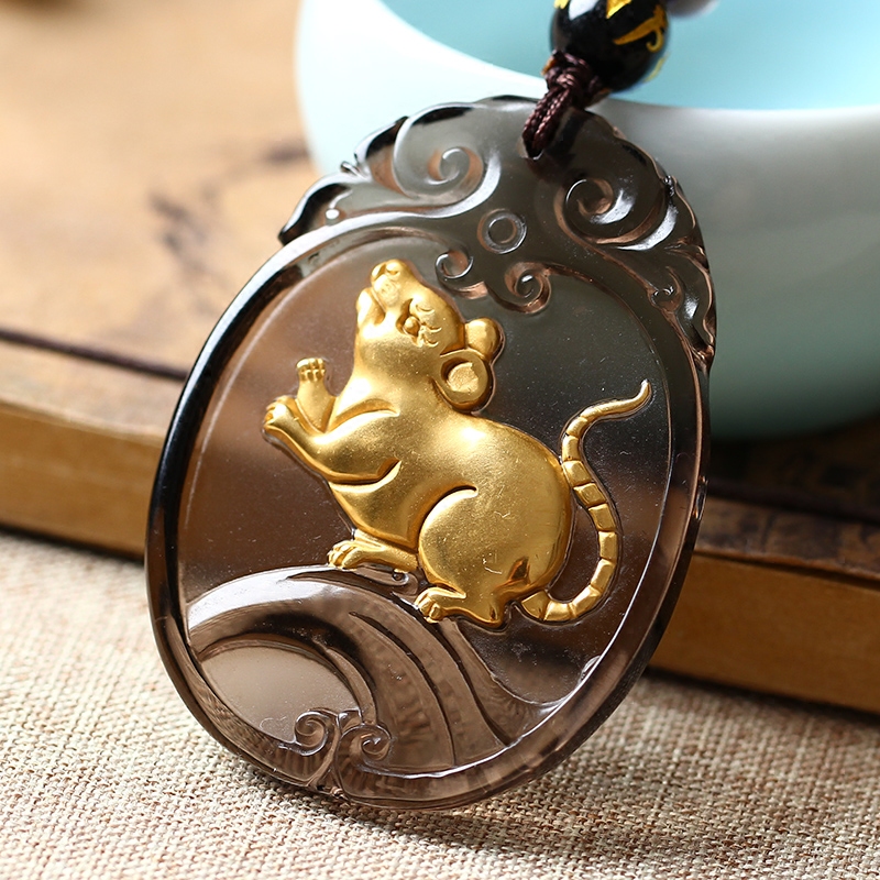 开光冰种曜石镀金金灵鼠赐瑞属老鼠玉鼠吊坠项坠