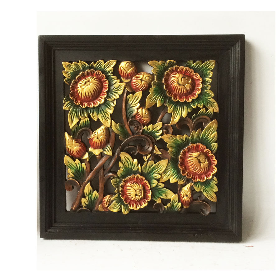 泰式实木木框方形挂画沙发背景木雕装饰画酒店现代装饰画