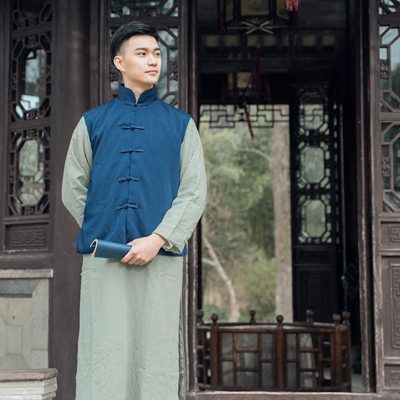 长衫珂卡新款民国男士棉麻古装长袍老爷马褂民族服装