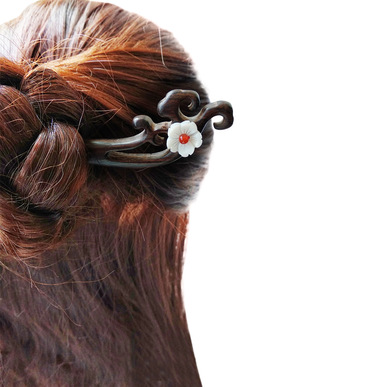 中国国风荷叶檀木天然淡水贝壳花盘发发簪复古发饰