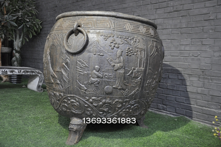 仿古消防铁缸铸铁工艺品庭院摆件荷花人物大铁缸装饰盆