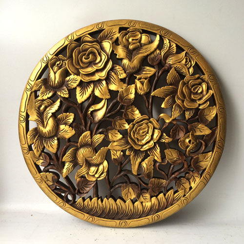 圆形雕花金色玫瑰木雕挂饰泰式风格装修壁饰木雕